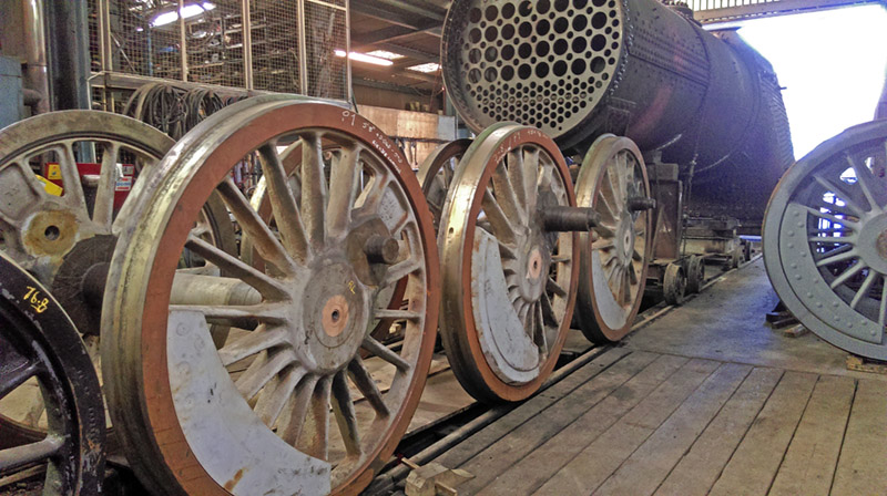The three 'donor' driving wheelsets – leading nearest the camera, then main driving, then first trailing driver.